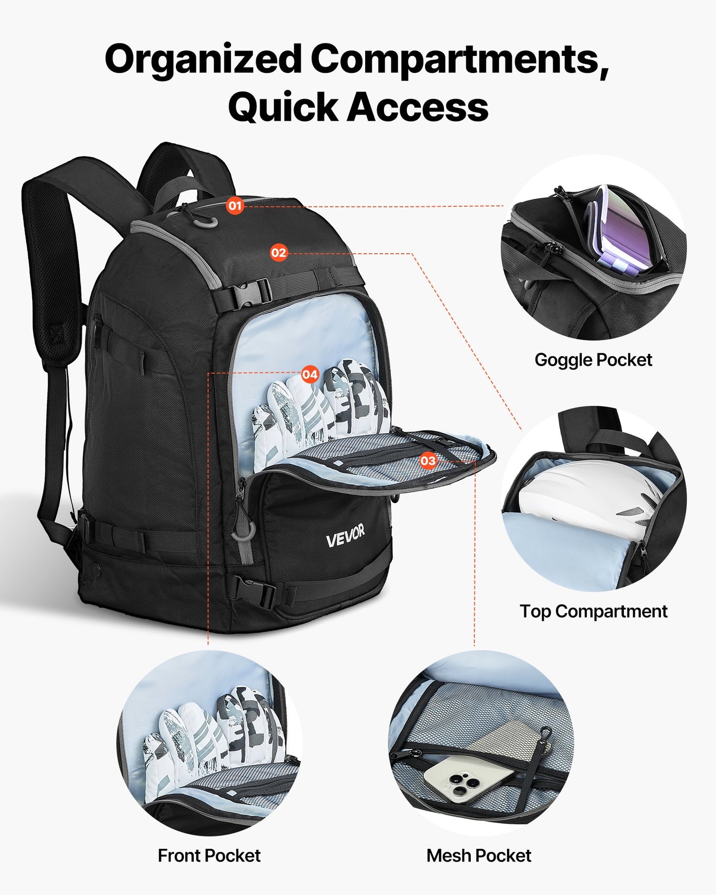 Ski Boot Bag, 55L, Snowboard Boots Travel Backpack for Men Women, with Waterproof Exterior & Bottom, Durable 1680D Oxford, Bag for Skis, Snowboard, Helmet, Goggles, Gloves, Accessories (Black)