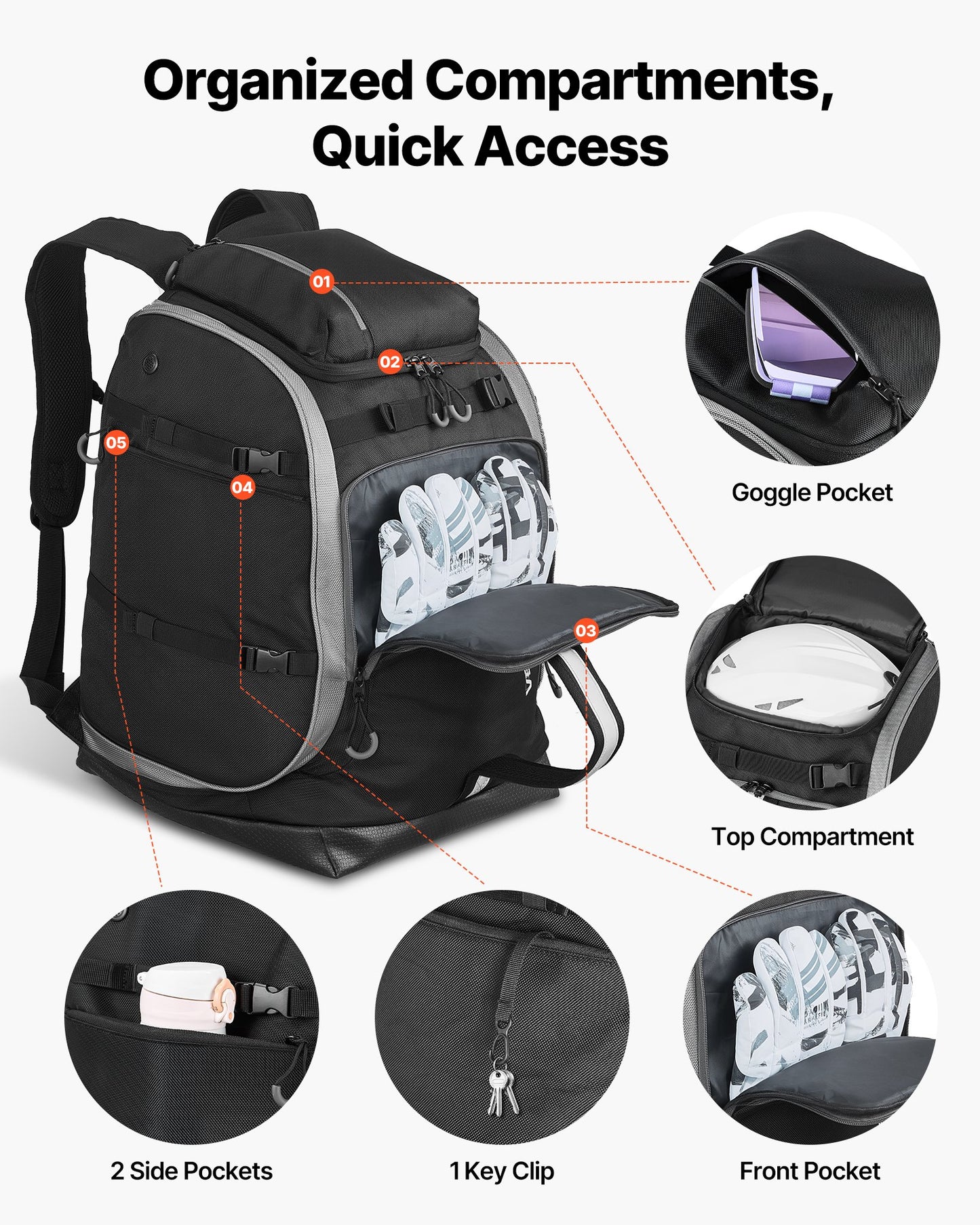 Ski Boot Bag Snowboard Boots Travel Backpack 55L Waterproof Oxford Black