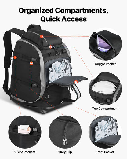 Ski Boot Bag Snowboard Boots Travel Backpack 55L Waterproof Oxford Black