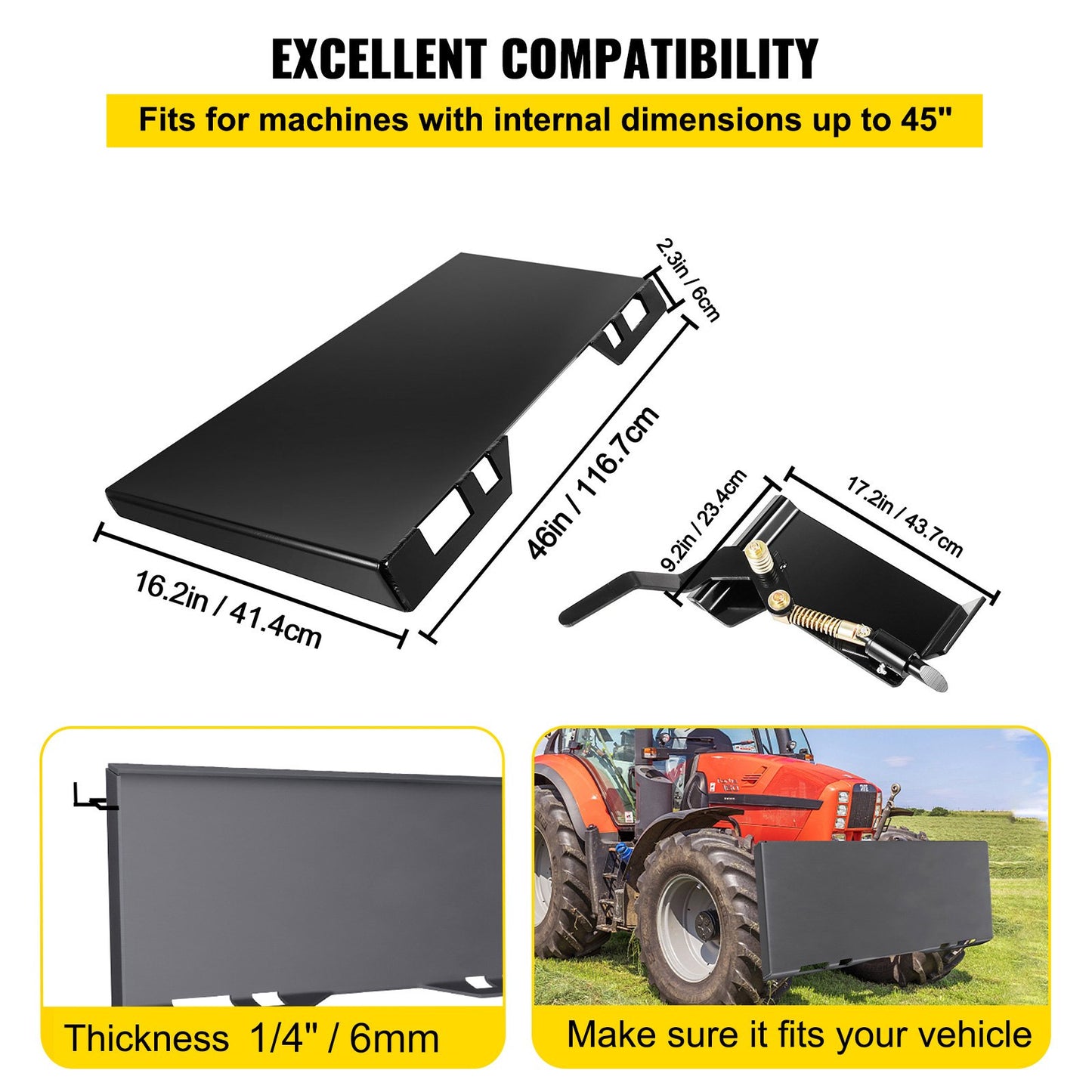 Skid Steer Attachment, 1/4" Skid Steer Quick Attach Plate Inside Width 45", Skidsteer Attachment 18.5" Height, Quick Attach Skid Steer Attachments for Buckets, Plows, Forks