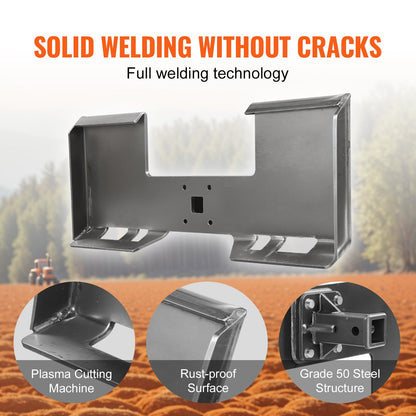 3/8" Skid Steer Attachment Plate, Skid Steer Mount Plate with 2.28" Hitch Receiver, Quick Attachment Loader Plate, Compatible with Deere, Kubota, Bobcat, Mahindra Skid Steers and Tractors