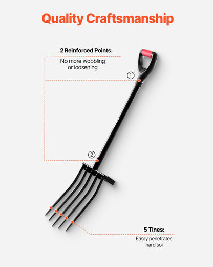 Trädgårdsgaffel, 5-tandig trädgårdshögaffel med metallhandtag, 41 tum kraftig grävgaffel med Y-grepp, smidd spatgaffel i stål för hö, potatiskompostering, omplantering, luftning