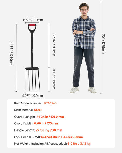 Trädgårdsgaffel, 5-tandig trädgårdshögaffel med metallhandtag, 41 tum kraftig grävgaffel med Y-grepp, smidd spatgaffel i stål för hö, potatiskompostering, omplantering, luftning