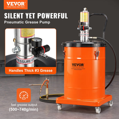 Fettpump, 10,5 gallon 40 liters luftdriven fettpump med 13 fot högtrycksslang och fettspruta, pneumatisk fetthinkpump med hjul, bärbar smörjfettpump 50:1 tryckförhållande