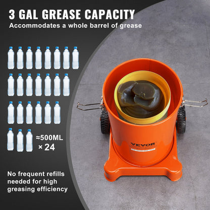 Grease Pump, 3 Gallon 12L, Air Operated Grease Pump with 13 ft High Pressure Hose and Grease Gun, Pneumatic Grease Bucket Pump with Wheels, Portable Lubrication Grease Pump 50:1 Pressure Ratio