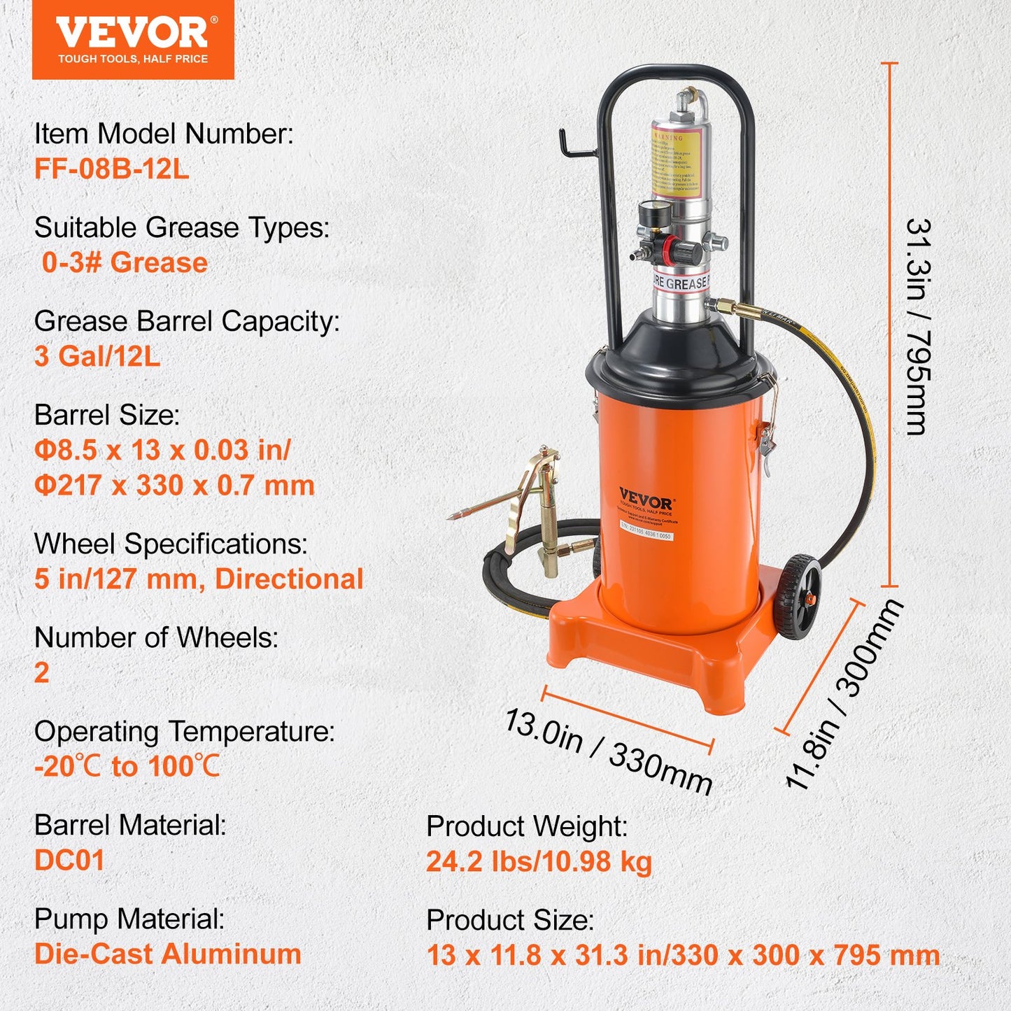 Fettpump, 3 gallon 12 l, luftdriven fettpump med 13 fot högtrycksslang och fettspruta, pneumatisk fetthinkpump med hjul, bärbar smörjfettpump 50:1 tryckförhållande