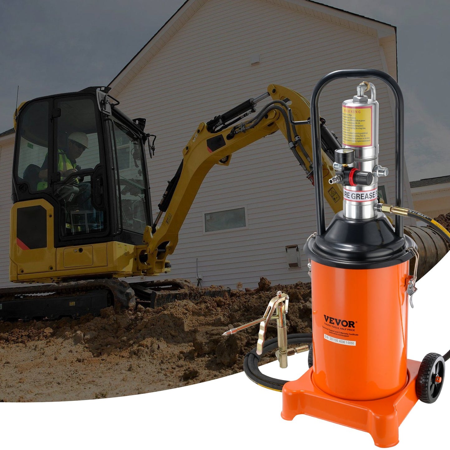 Fettpump, 3 gallon 12 l, luftdriven fettpump med 13 fot högtrycksslang och fettspruta, pneumatisk fetthinkpump med hjul, bärbar smörjfettpump 50:1 tryckförhållande