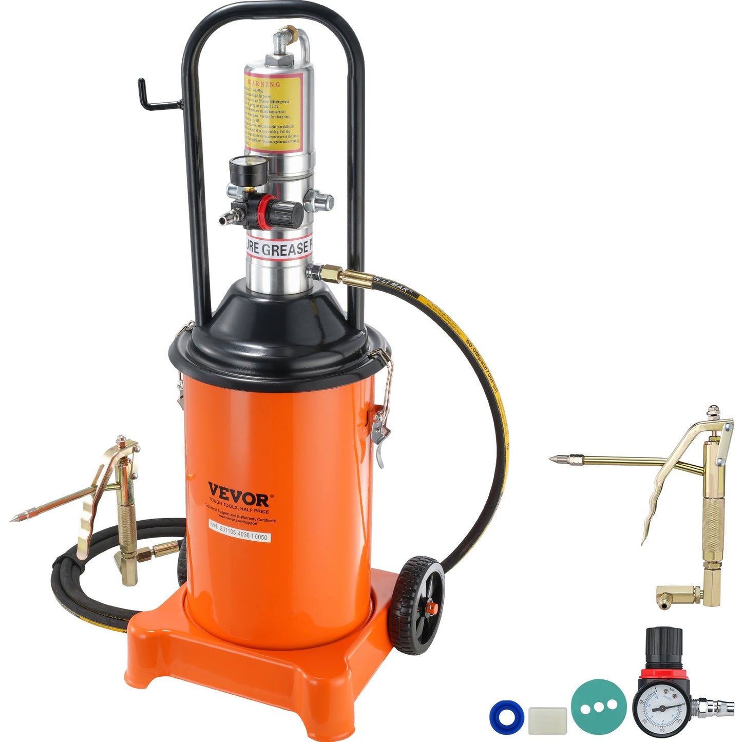 Fettpump, 3 gallon 12 l, luftdriven fettpump med 13 fot högtrycksslang och fettspruta, pneumatisk fetthinkpump med hjul, bärbar smörjfettpump 50:1 tryckförhållande