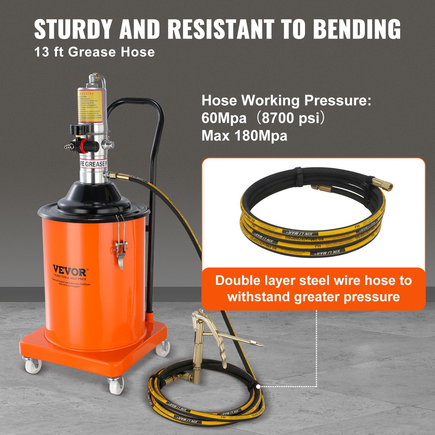 Grease Pump, 5 Gallon 20L, Air Operated Grease Pump with 13 ft High Pressure Hose and Grease Gun, Pneumatic Grease Bucket Pump with Wheels, Portable Lubrication Grease Pump 50:1 Pressure Ratio