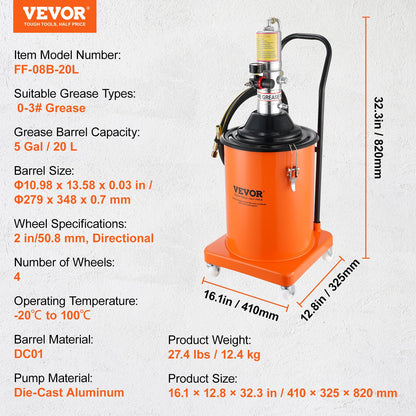Grease Pump, 5 Gallon 20L, Air Operated Grease Pump with 13 ft High Pressure Hose and Grease Gun, Pneumatic Grease Bucket Pump with Wheels, Portable Lubrication Grease Pump 50:1 Pressure Ratio