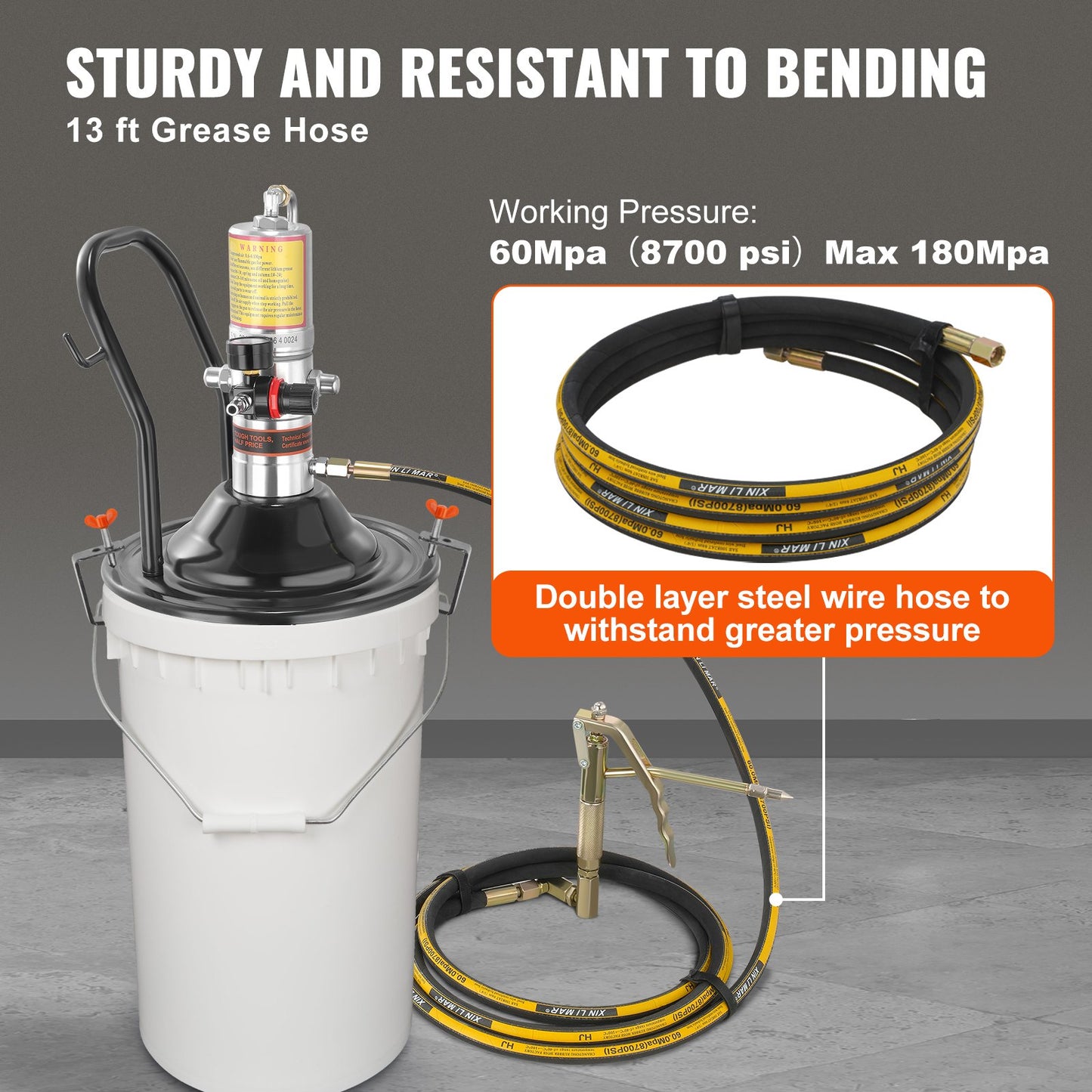 Grease Pump, 50:1 Pressure Ratio Air Operated Grease Pump with 13 ft High Pressure Hose and Grease Gun, Pneumatic Grease Pump with Barrel Cap, Portable Lubrication Grease Pump 360° Gun Head