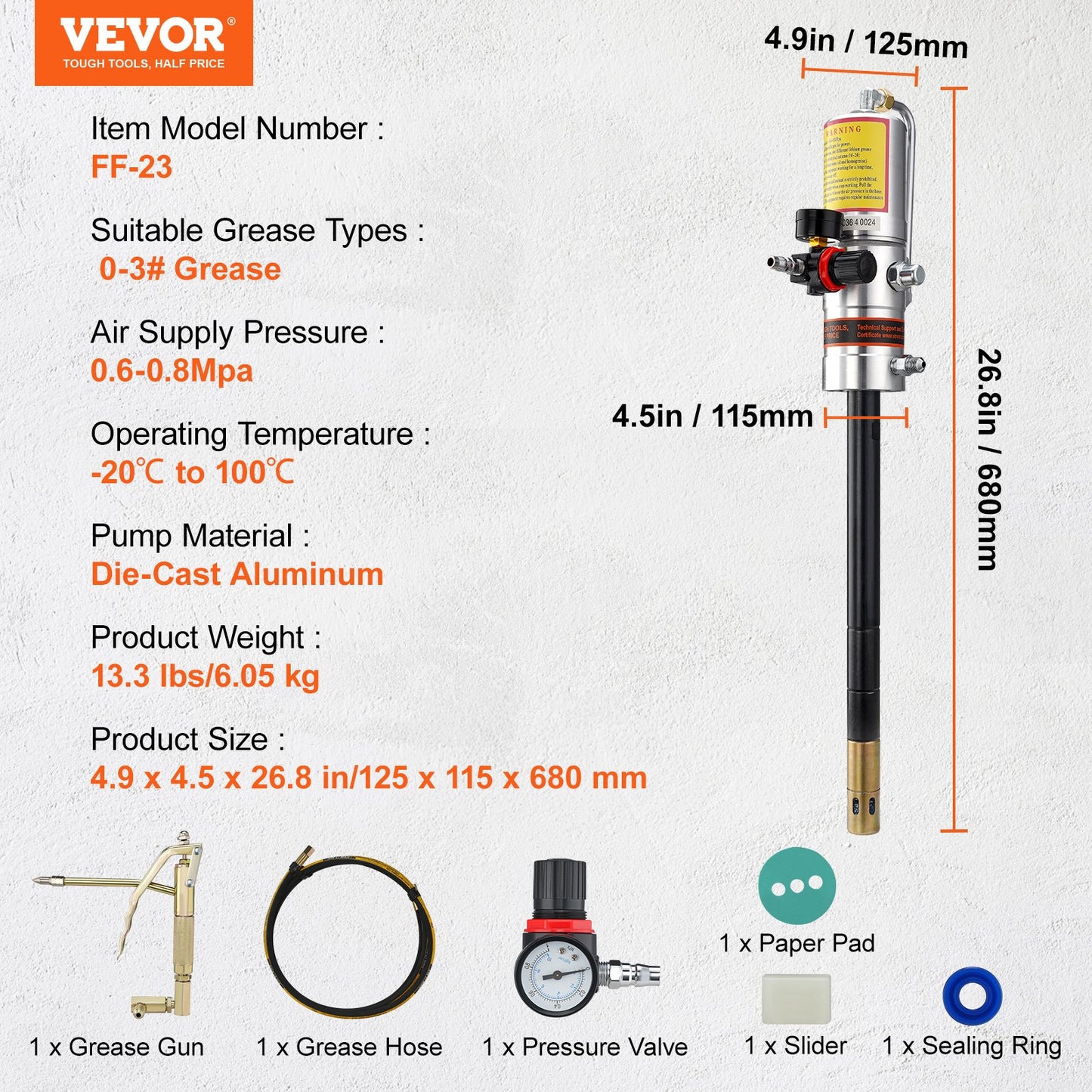 Grease Pump, 50:1 Pressure Ratio Air Operated Grease Pump with 13 ft High Pressure Hose and Grease Gun, Pneumatic Grease Pump, Portable Lubrication Grease Pump with 360° Swivel Grease Gun Head