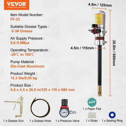 Grease Pump, 50:1 Pressure Ratio Air Operated Grease Pump with 13 ft High Pressure Hose and Grease Gun, Pneumatic Grease Pump, Portable Lubrication Grease Pump with 360° Swivel Grease Gun Head