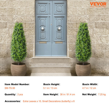 Artificial Boxwood Topiary Tree, 36 inch Tall (2 Pieces), Faux Topiary Trees, Green Faux Plant w/ Extra Leaves & Pot & Small Decoration, UV Rated Greenery Set for Home Decor Indoor/Outdoor