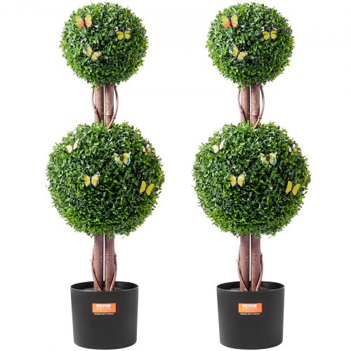 Artificial Boxwood Topiary Tree, 36 inch Tall (2 Pieces), Double Ball Faux Topiary Trees, Faux Plant w/ Extra Leaves & Pot & Small Decoration, UV Rated Set for Home Decor Indoor/Outdoor