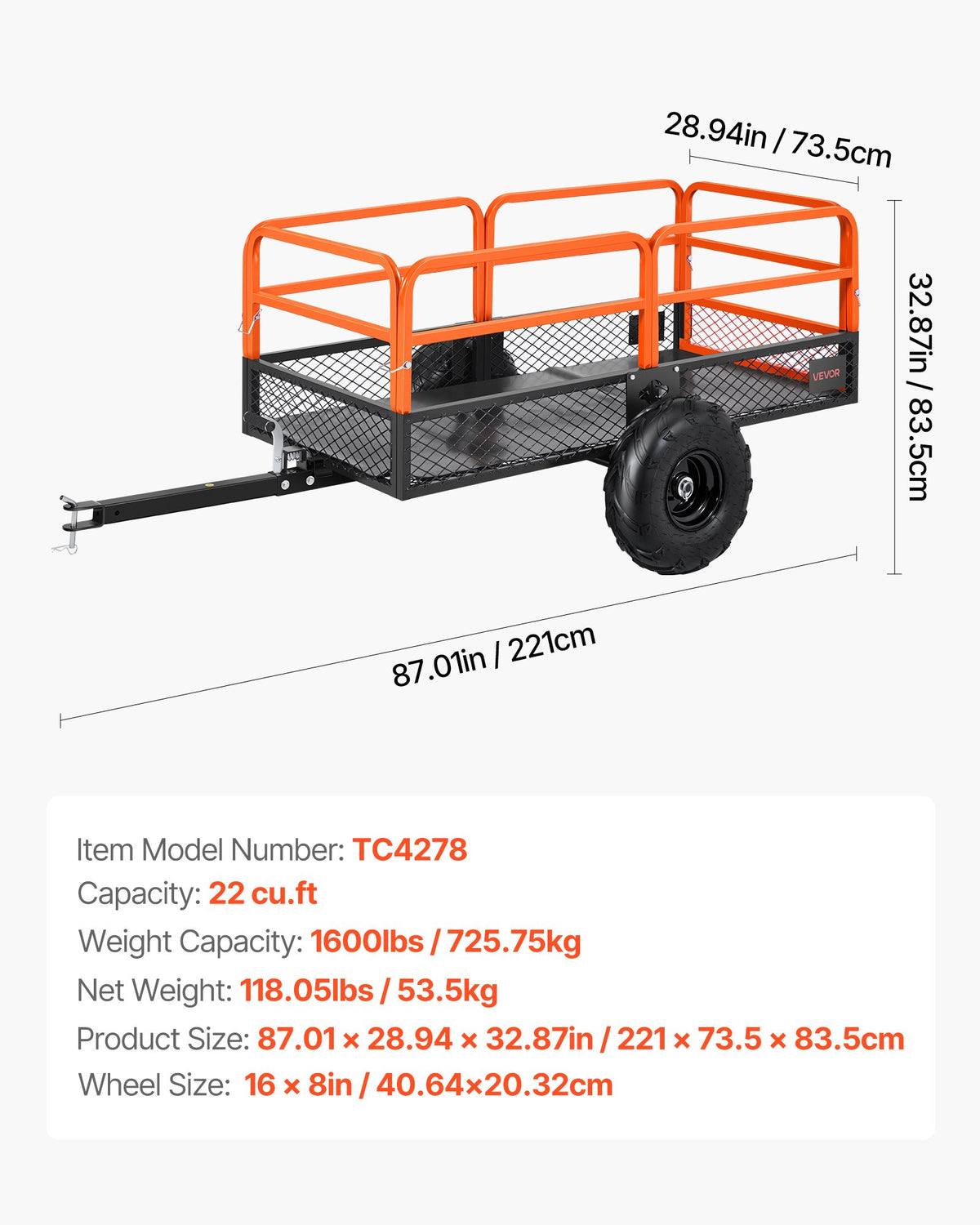 Trädgårdsvagn, 22 kubikfot och 725 kg, ATV UTV-vagn, bogserad bakom ståltippvagnar, avtagbar bakpanel, kraftiga dragbara trädgårdsvagnar för gräsklippare, traktor, trädgårdsavfall