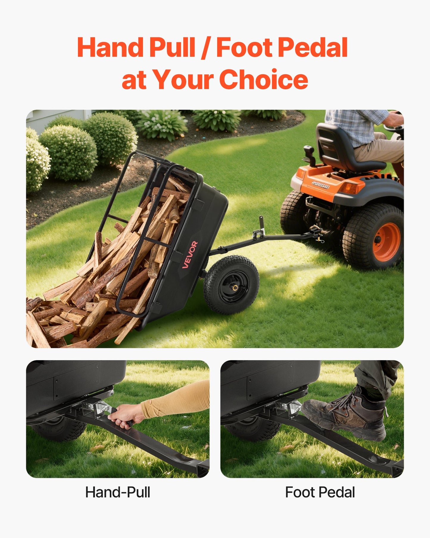 Garden Utility Trailer, 10 Cu. Ft 227 kg, ATV UTV Hauling Trailer, Tow Behind Poly Dump Cart with 16" Tires, Hand Pull or Foot Pedal, Heavy Duty Yard Trailers for Lawn Mower Tractor Garden Waste