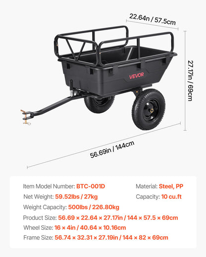 Garden Utility Trailer, 10 Cu. Ft 227 kg, ATV UTV Hauling Trailer, Tow Behind Poly Dump Cart with 16" Tires, Hand Pull or Foot Pedal, Heavy Duty Yard Trailers for Lawn Mower Tractor Garden Waste