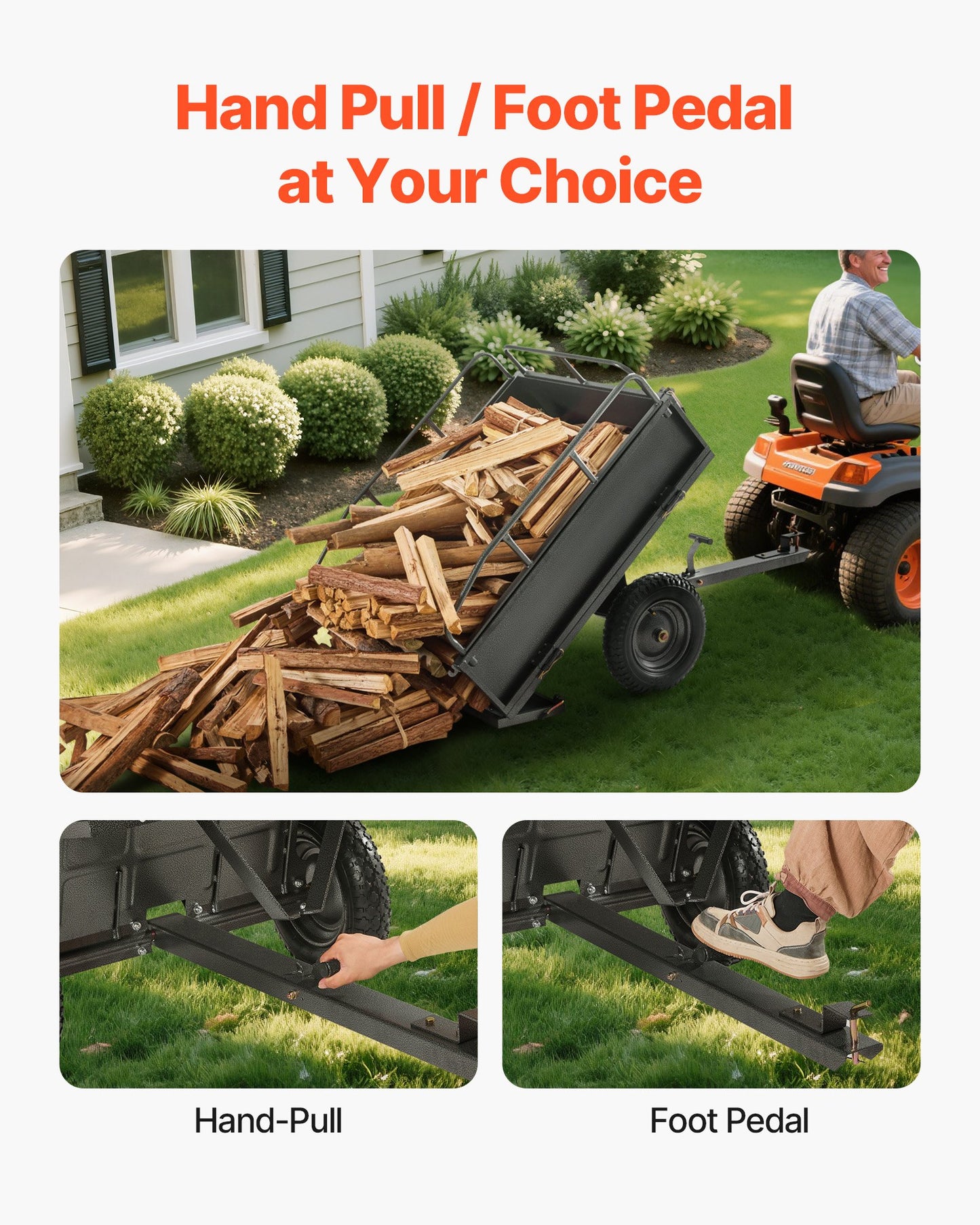 Garden Utility Trailer, 10 Cu. Ft & 227 kg Capacity, ATV UTV Hauling Trailer, Tow Behind Steel Dump Cart with 14" Tires, Hand Pull or Foot Pedal, Heavy Duty Yard Trailers for Lawn Mower Tractor