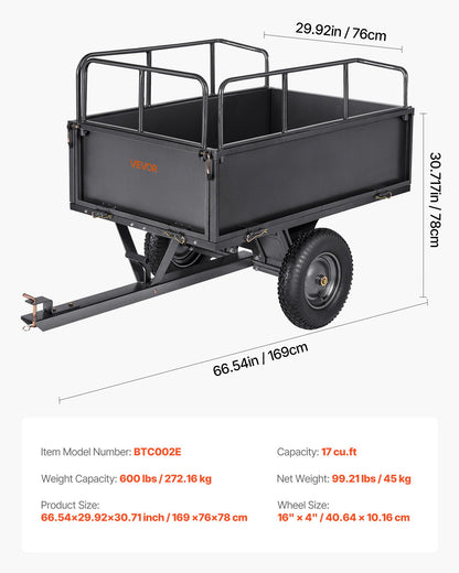 Garden Utility Trailer, 17 Cu. Ft & 272 kg Capacity, ATV UTV Hauling Trailer, Tow Behind Steel Dump Cart with 16" Tires, Hand Pull or Foot Pedal, Heavy Duty Yard Trailers for Lawn Mower Tractor