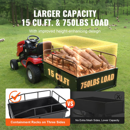 Heavy Duty ATV Trailer Steel Dump Cart, 340 kg 0.43 Cubic Meter, Garden Utility Trailer with Removable Sides for Riding Lawn Mower Tractor