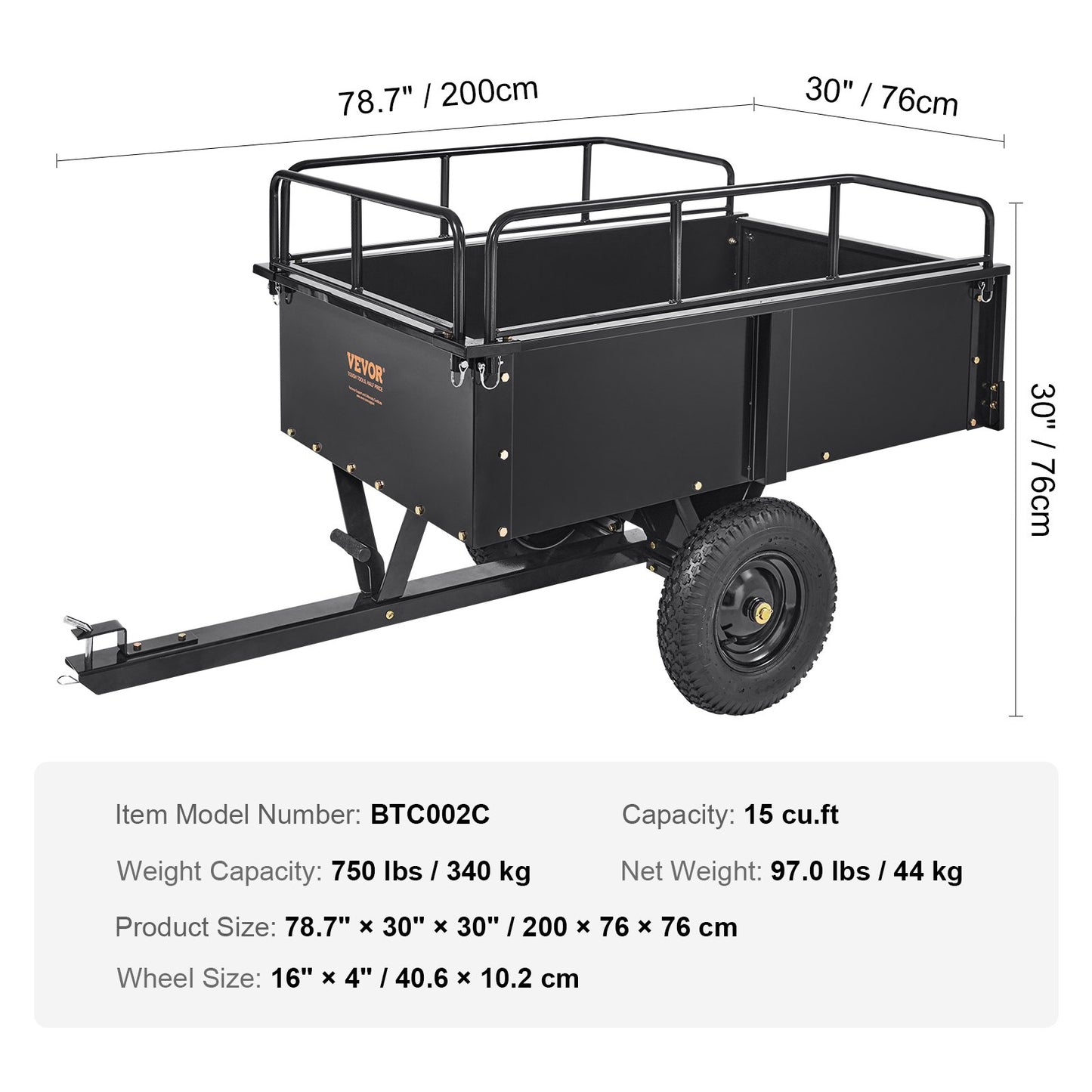 Heavy Duty ATV Trailer Steel Dump Cart, 340 kg 0.43 Cubic Meter, Garden Utility Trailer with Removable Sides for Riding Lawn Mower Tractor