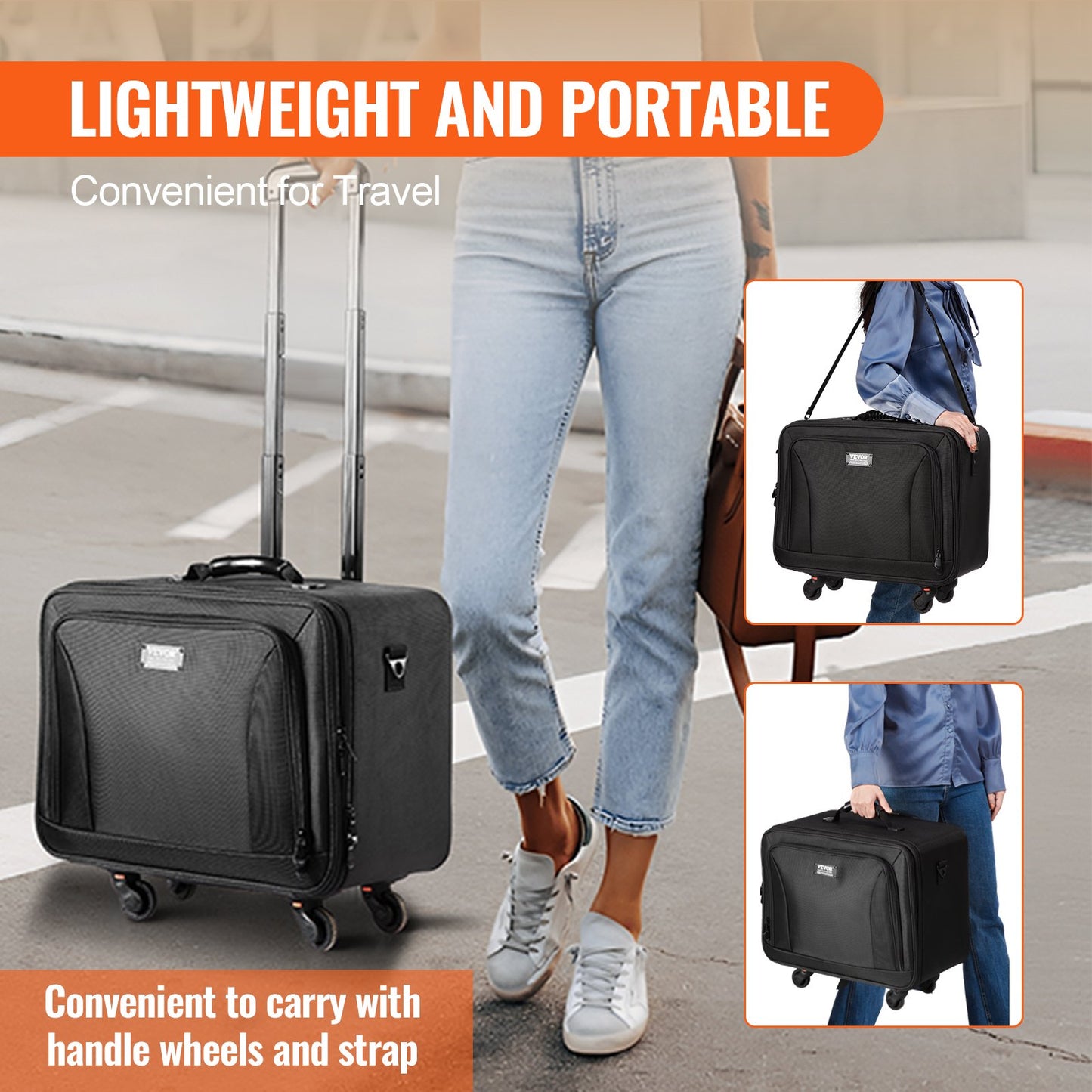 Rullande sminkväska, stor förvaring, 3 nivåer, bekväm bärning med handtag, hjul, rem, professionell sminkförvaringslåda, sminkhållare, vattentät oxford, svart