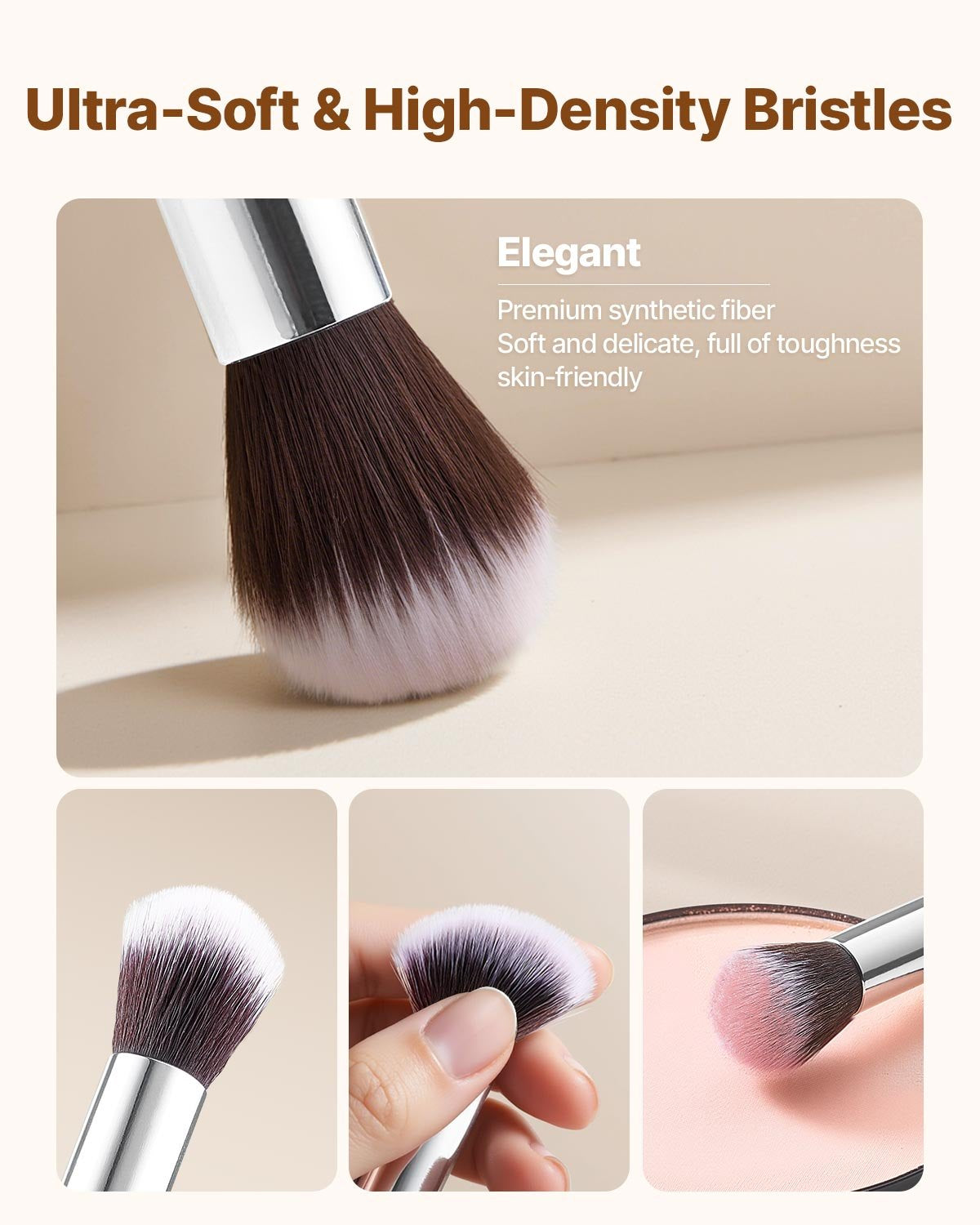 15-Piece Makeup Brush Set for Foundation Blending Eyeshadow, Professional Vegan Brushes with Soft Synthetic Bristles, Ergonomic Wood Handle & Aluminum Ferrule, Portable and Travel-Friendly