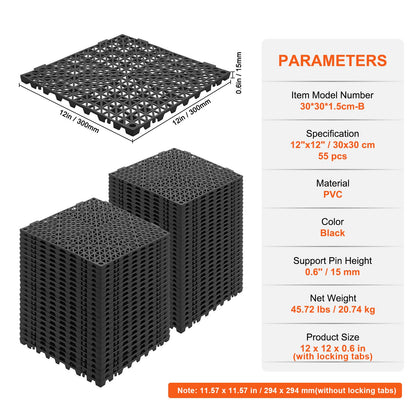 Modulär sammankopplande dynor, 55-pack 30 x 30 cm skarvningsdräneringsmattor, mjuka PVC-sammankopplande dräneringsgolvplattor, halkfria dräneringshål för toalett, badrum, kök, pool, våtrum, svart
