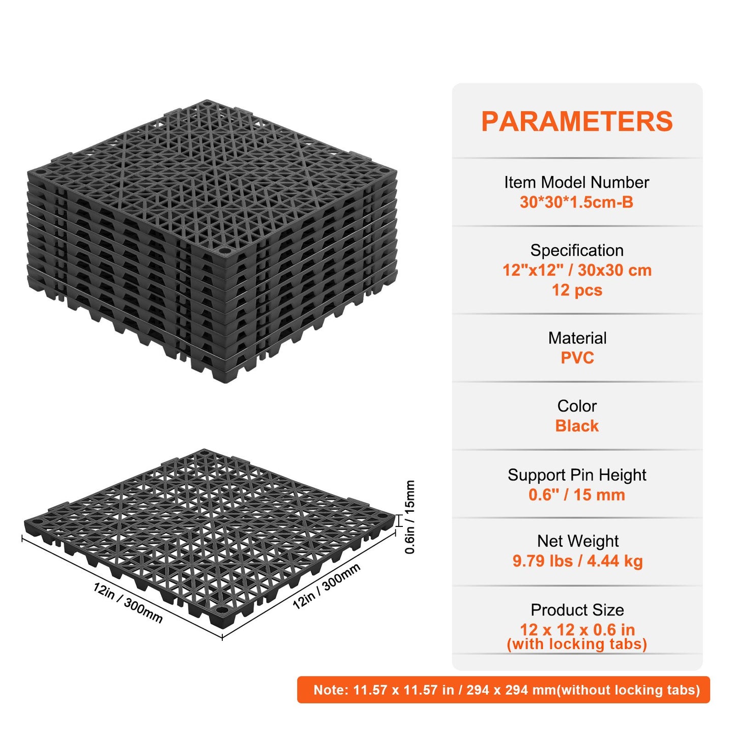 Sammankopplande dräneringsmatta 30,5 x 30,5 cm PVC halkfria golvplattor 12-pack
