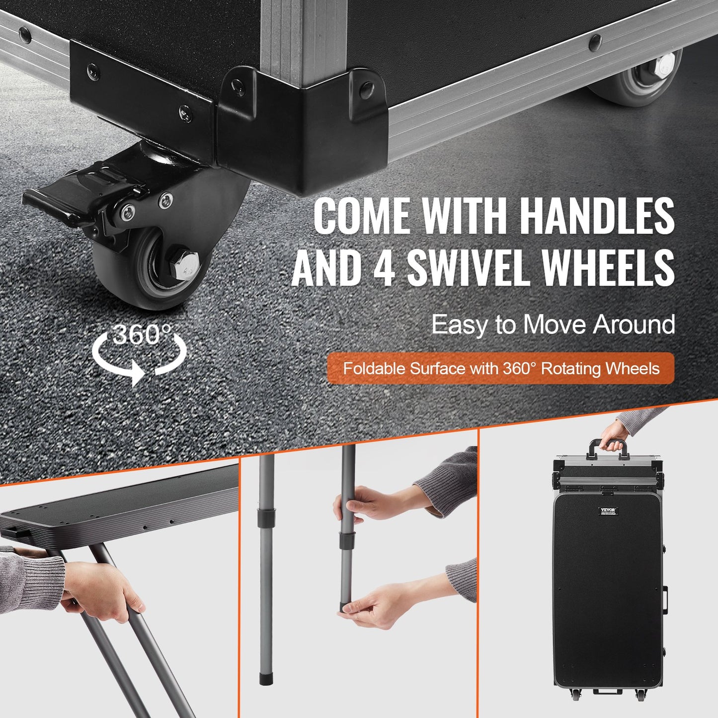 Professional Makeup Train Case Aluminum Cosmetic Case, Workbench With Supporting Legs, Rolling Makeup Case Extra Large Trolley Makeup Travel Organizer, with 360° Swivel Wheels, Black