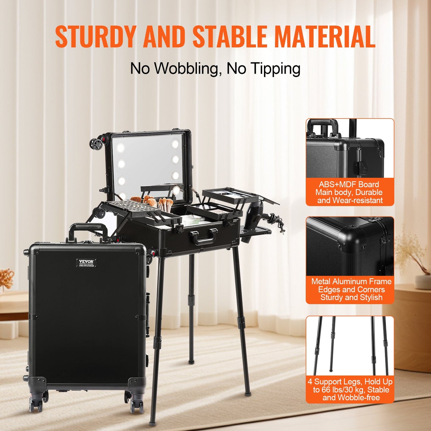 Sminkväska med lås, upplyst spegel, 4 förvaringsfack, borsthållare, kosmetikalåda med svängbara hjul, professionell konstnärsvagn, fristående väska för studio