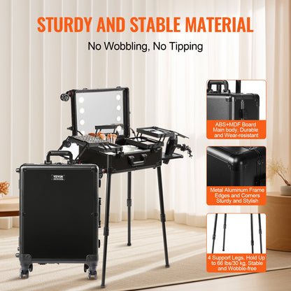 Sminkväska med lås, upplyst spegel, 4 förvaringsfack, borsthållare, kosmetikalåda med svängbara hjul, professionell konstnärsvagn, fristående väska för studio
