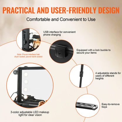 Sminkväska med lås, upplyst spegel, 4 förvaringsfack, borsthållare, kosmetikalåda med svängbara hjul, professionell konstnärsvagn, fristående väska för studio