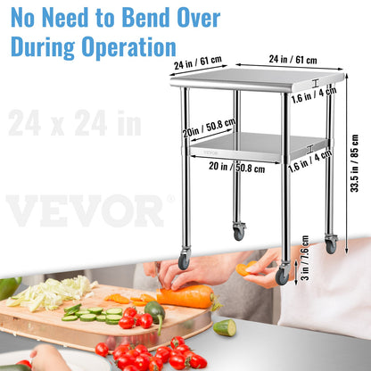 Stainless Steel Prep Table, 61 x 61 x 91 cm, 272 kg Load Capacity Heavy Duty Metal Worktable with Adjustable Undershelf & Universal Wheels, Commercial Workstation for Kitchen Garage Backyard