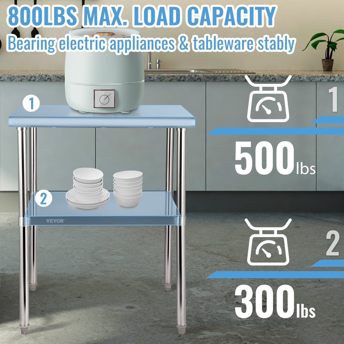 Förberedelsebord i rostfritt stål, 30 x 30 x 36 tum, 800 kg lastkapacitet Kraftigt arbetsbord i metall med justerbart underhylla och fötter, kommersiell arbetsstation för kök, garage, restaurang, bakgård
