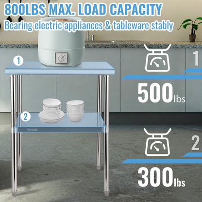 Förberedelsebord i rostfritt stål, 30 x 30 x 36 tum, 800 kg lastkapacitet Kraftigt arbetsbord i metall med justerbart underhylla och fötter, kommersiell arbetsstation för kök, garage, restaurang, bakgård