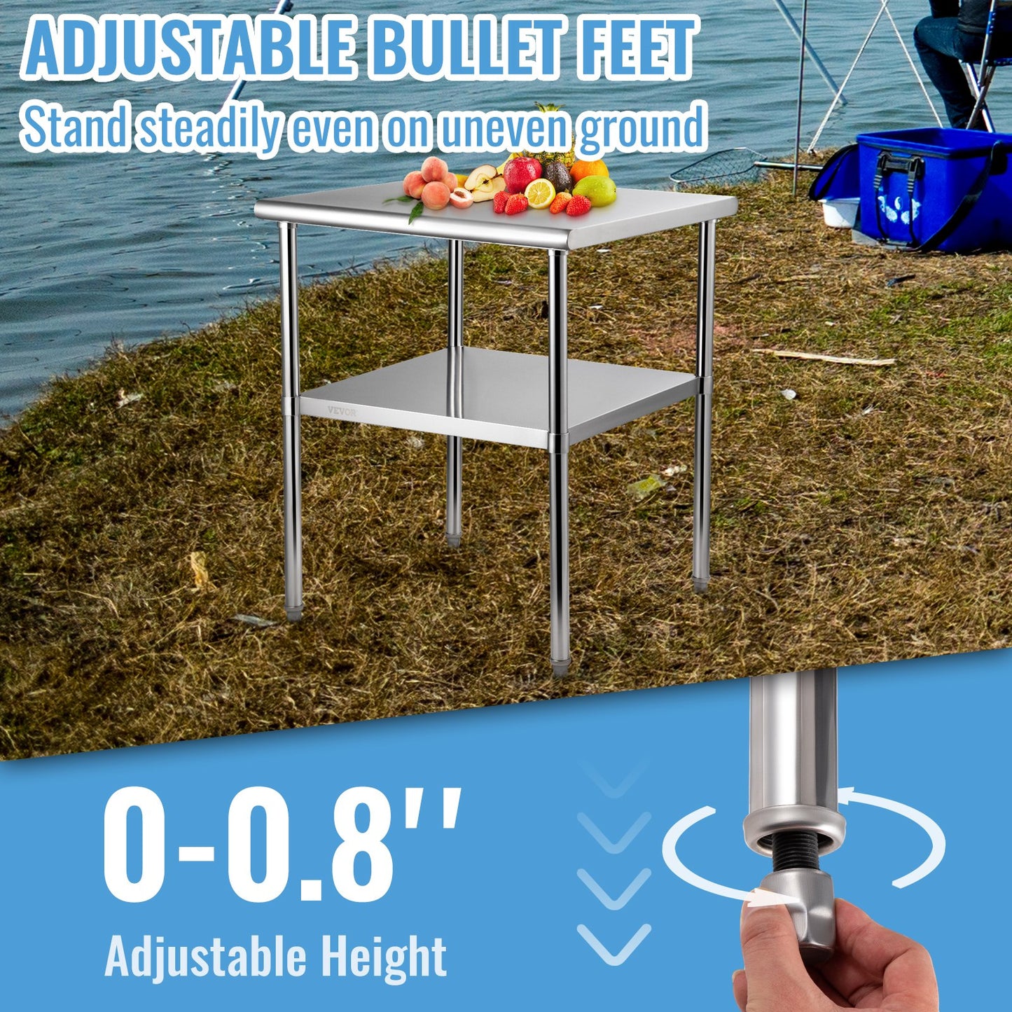 Förberedelsebord i rostfritt stål, 30 x 30 x 36 tum, 800 kg lastkapacitet Kraftigt arbetsbord i metall med justerbart underhylla och fötter, kommersiell arbetsstation för kök, garage, restaurang, bakgård