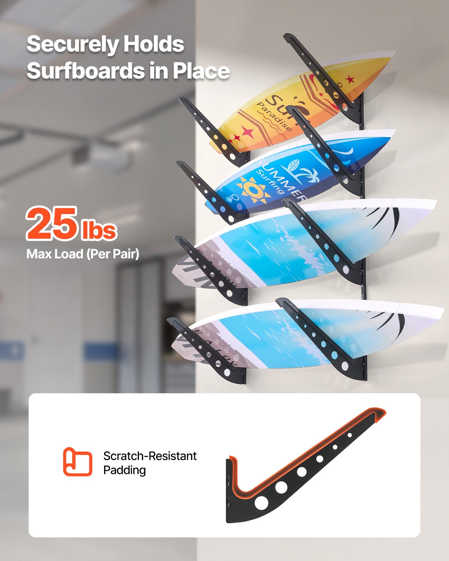 Väggmontering för surfbräda, 4 nivåer horisontellt surfbrädeställ för förvaring och visning, justerbar höjd metallbrädeställ, surfbrädehållare för snowboards, kiteboards, shortboard, skidor