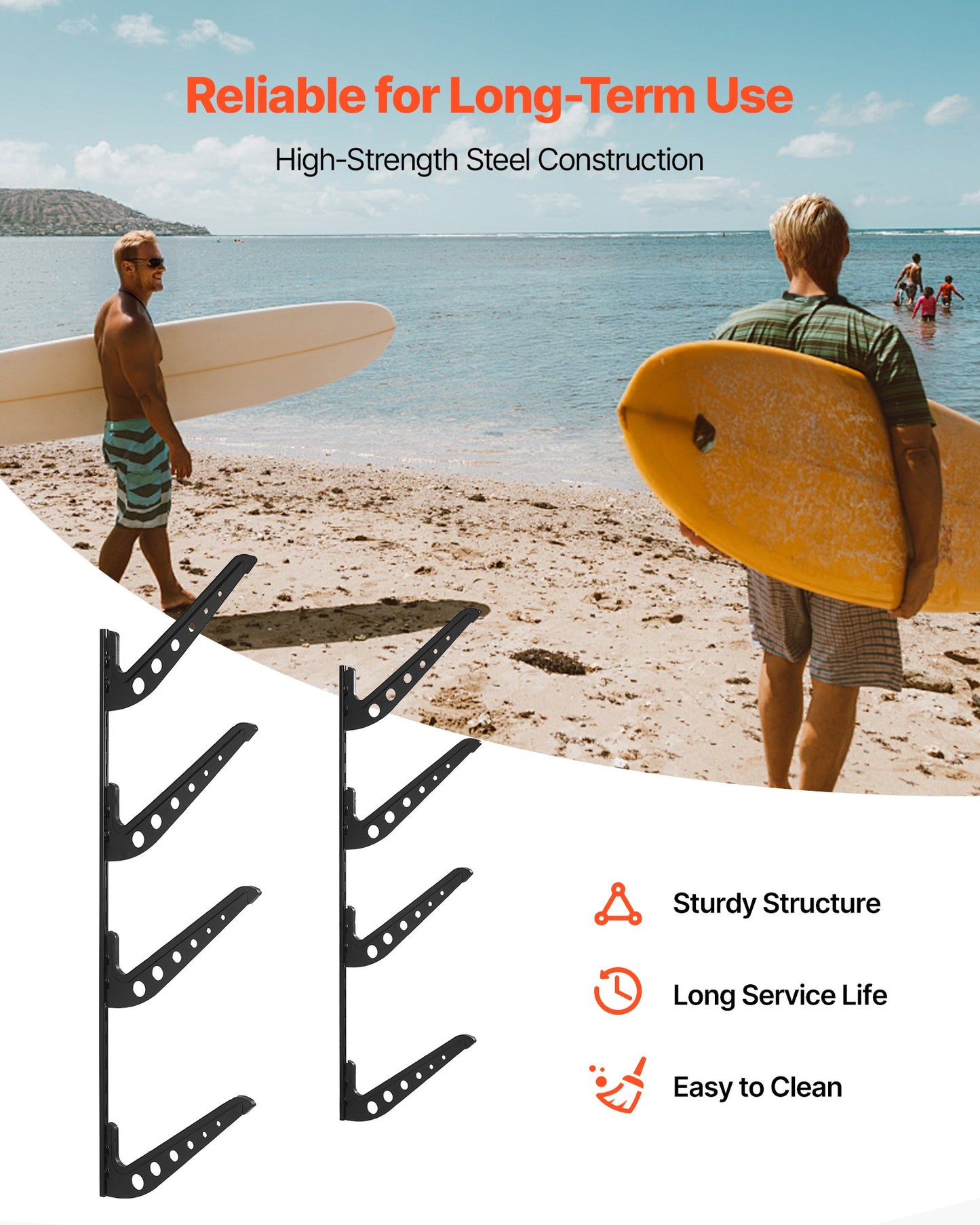 Väggmontering för surfbräda, 4 nivåer horisontellt surfbrädeställ för förvaring och visning, justerbar höjd metallbrädeställ, surfbrädehållare för snowboards, kiteboards, shortboard, skidor