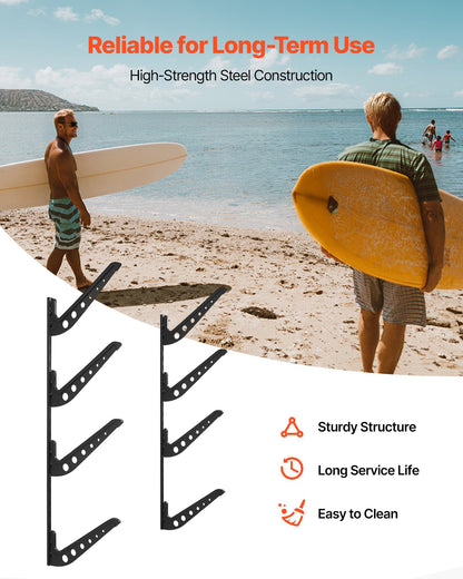 Väggmontering för surfbräda, 4 nivåer horisontellt surfbrädeställ för förvaring och visning, justerbar höjd metallbrädeställ, surfbrädehållare för snowboards, kiteboards, shortboard, skidor