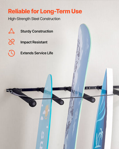 Väggmontering för surfbräda, vertikalt surfbrädeställ i 5 nivåer för förvaring och visning, justerbart metallstativ med svampdyna, surfbrädehållare för snowboards, kiteboards, shortboard