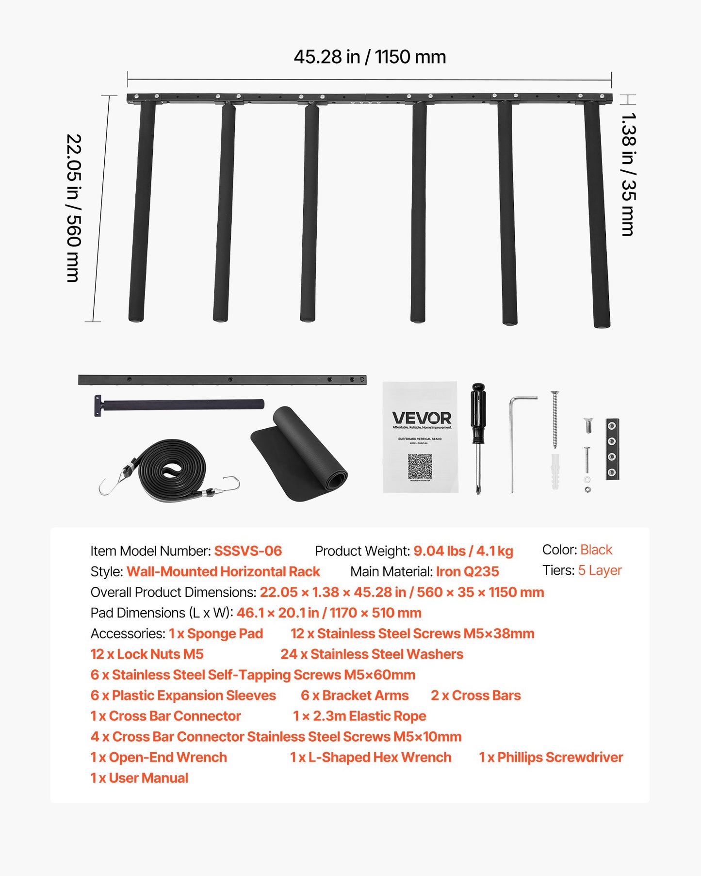 Väggmontering för surfbräda, vertikalt surfbrädeställ i 5 nivåer för förvaring och visning, justerbart metallstativ med svampdyna, surfbrädehållare för snowboards, kiteboards, shortboard