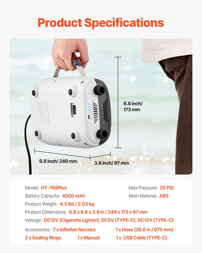 20PSI paddelbrädspump, laddningsbart batteridriven, tvåstegs uppblåsning och tömning av SUP-luftpump med automatisk avstängningsfunktion och 12V DC-bilkontakt, perfekt för uppblåsbara båtar, tält och madrasser