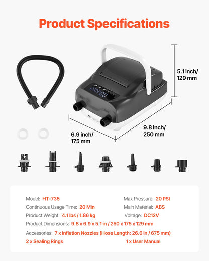 Paddle Board Pump, 20PSI High Pressure, Dual Stage Inflation & Deflation SUP Air Pump with Auto-Off Function and 12V DC Car Connector, Ideal for Inflatable Paddle Board, Tent and Mattress