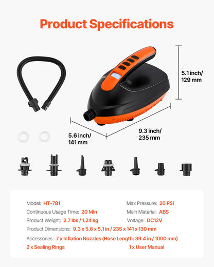 Paddle Board Pump, 20PSI High Pressure Electric SUP Air Pump, 70 L/Min Inflating Speed SUP Inflator with Auto-Off and 12V DC Car Connector, Ideal for Inflatable Paddle Board, Tent and Mattress