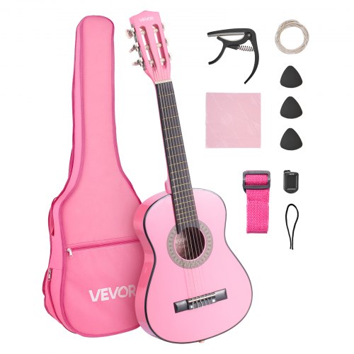 Klassisk gitarr, 780 mm, startkit för klassisk gitarr i trä för nybörjare, med nylonsträngar, gigbag, rem, stämapparat, extra strängar, plektrum, capo, linsträ, för barn flickor pojkar studenter, rosa