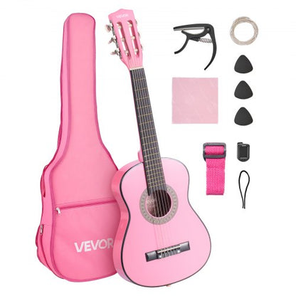 Klassisk gitarr, 780 mm, startkit för klassisk gitarr i trä för nybörjare, med nylonsträngar, gigbag, rem, stämapparat, extra strängar, plektrum, capo, linsträ, för barn flickor pojkar studenter, rosa