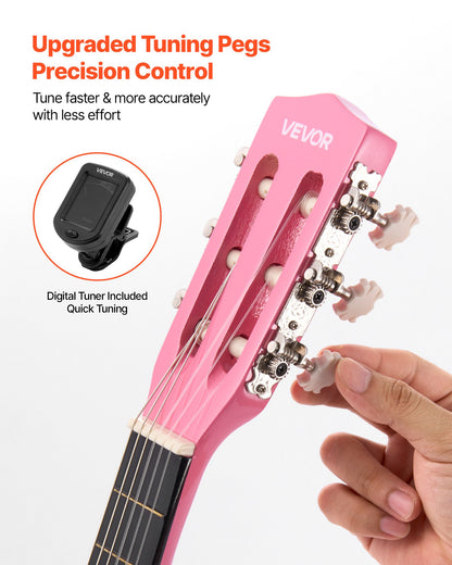 Classical Guitar, 780 mm, Wood Classical Guitar Starter Kit for Beginners, with Nylon Strings, Gig Bag, Strap, Tuner, Extra Strings, Picks, Capo, Basswood, for Kids Girls Boys Students, Pink