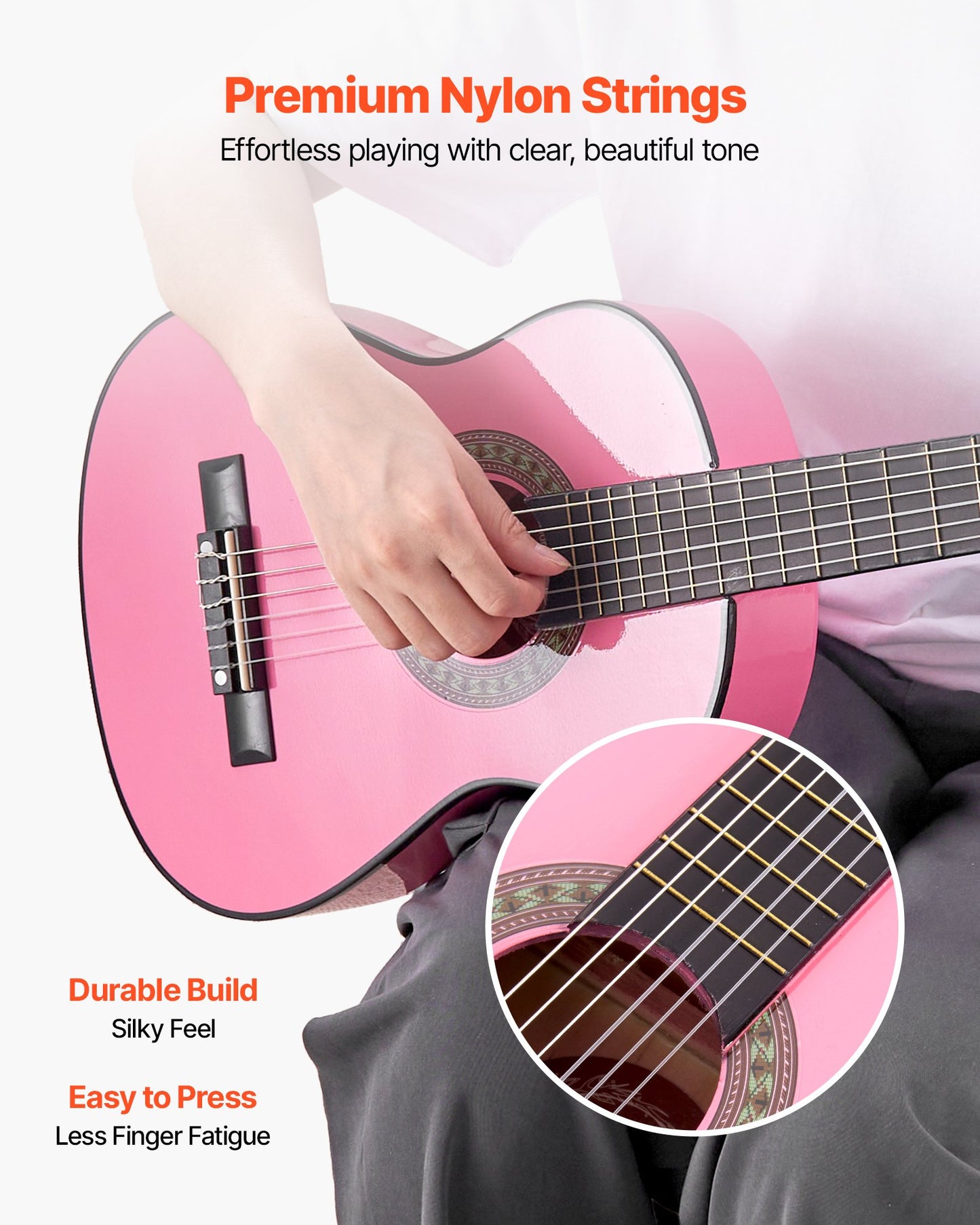 Klassisk gitarr, 780 mm, startkit för klassisk gitarr i trä för nybörjare, med nylonsträngar, gigbag, rem, stämapparat, extra strängar, plektrum, capo, linsträ, för barn flickor pojkar studenter, rosa